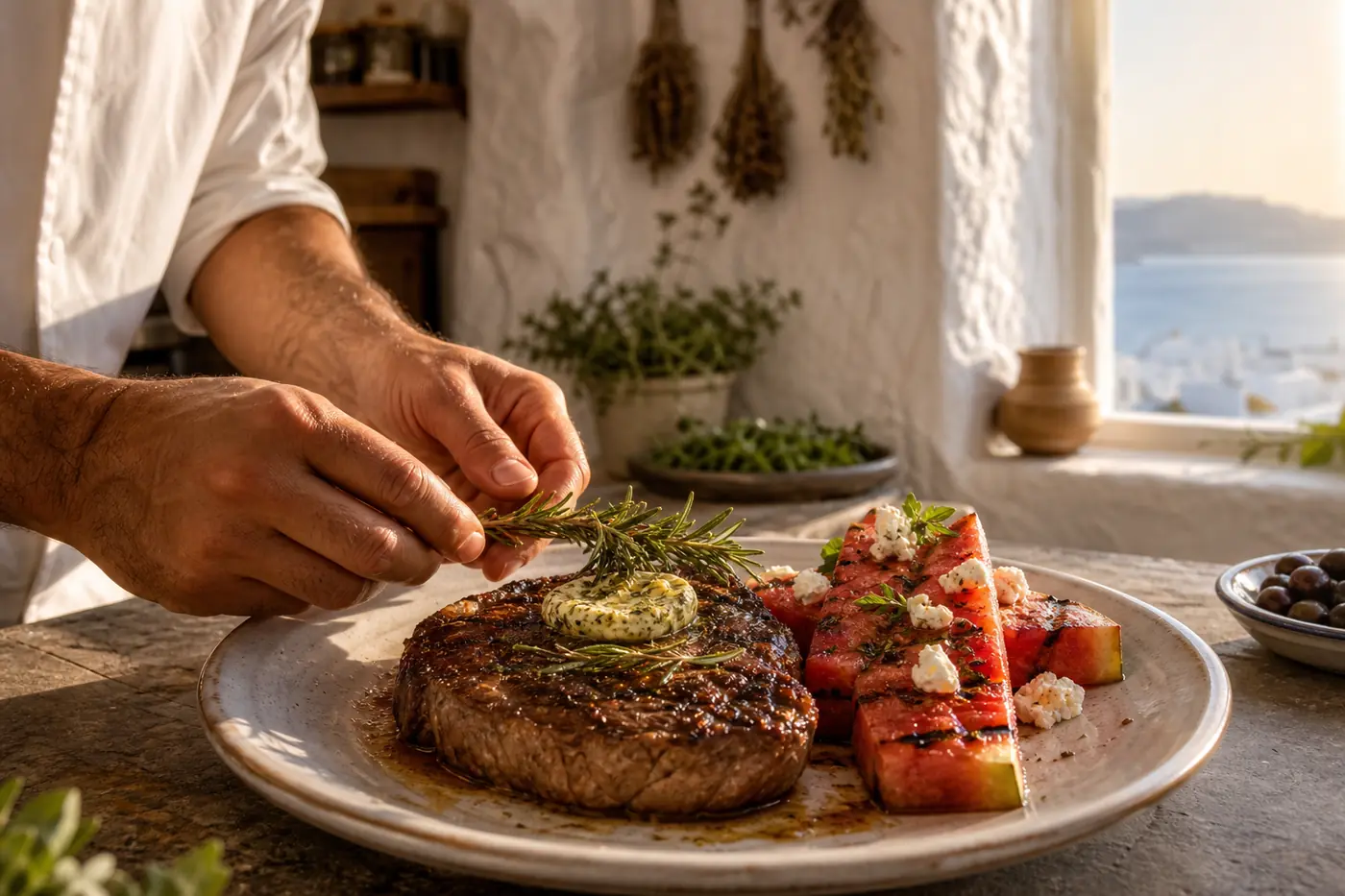 Mykonos Food Guide: Authentic Local Eats & Dining Tips Chef’s hands plating a ribeye steak with rosemary butter and grilled watermelon with feta in a sunlit Mykonos kitchen