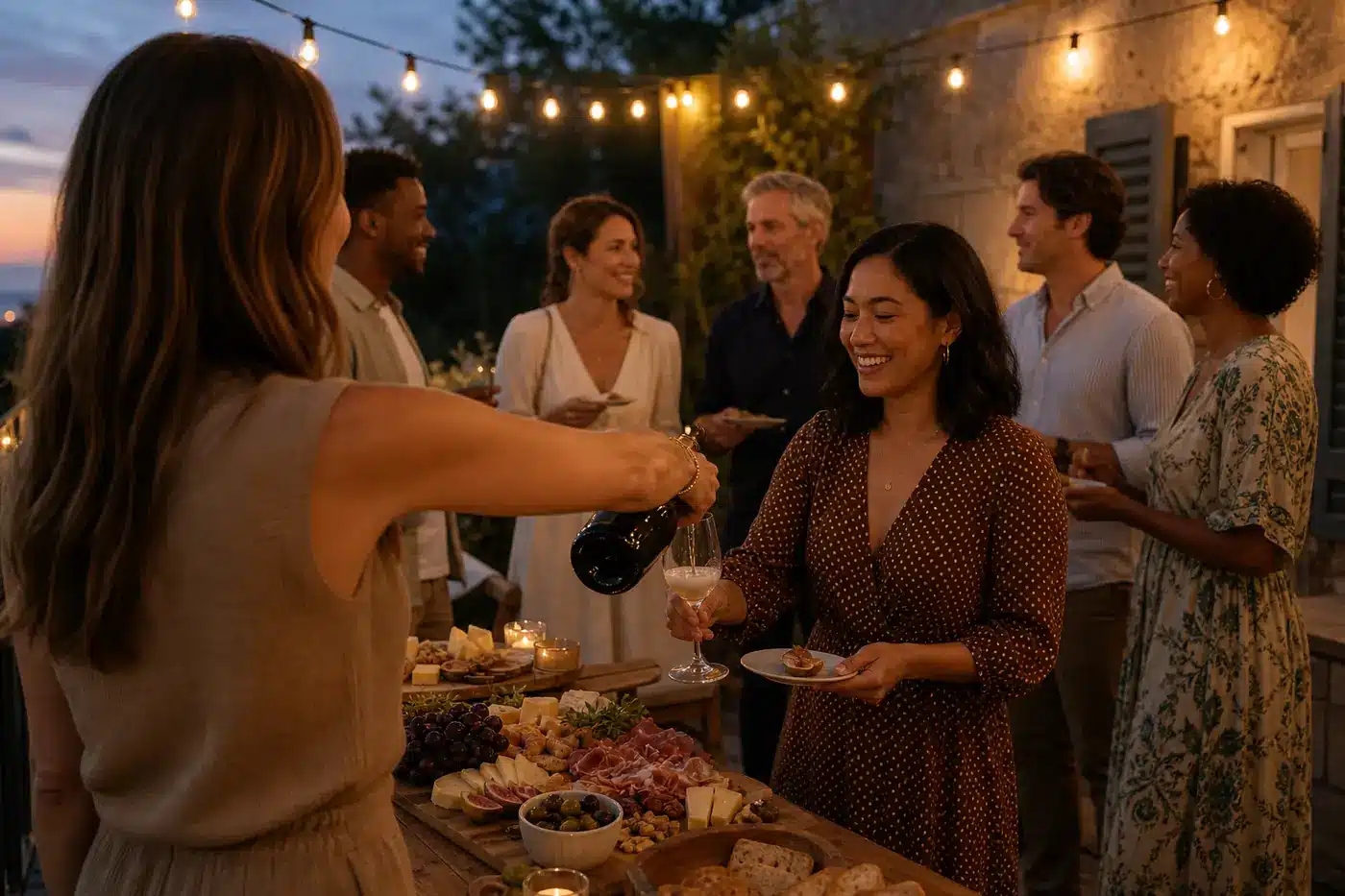 Charcuterie Spread Ideas for a Party: Tips & Expert Inspiration Host pouring sparkling wine for guests around a charcuterie spread on an outdoor patio at dusk with string lights glowing warmly overhead