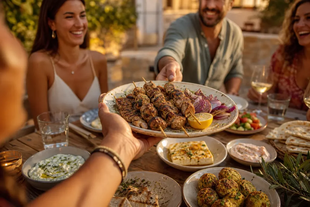 Greek dinner party menu: traditional dishes and hosting tips passing-souvlaki-plate-closeup