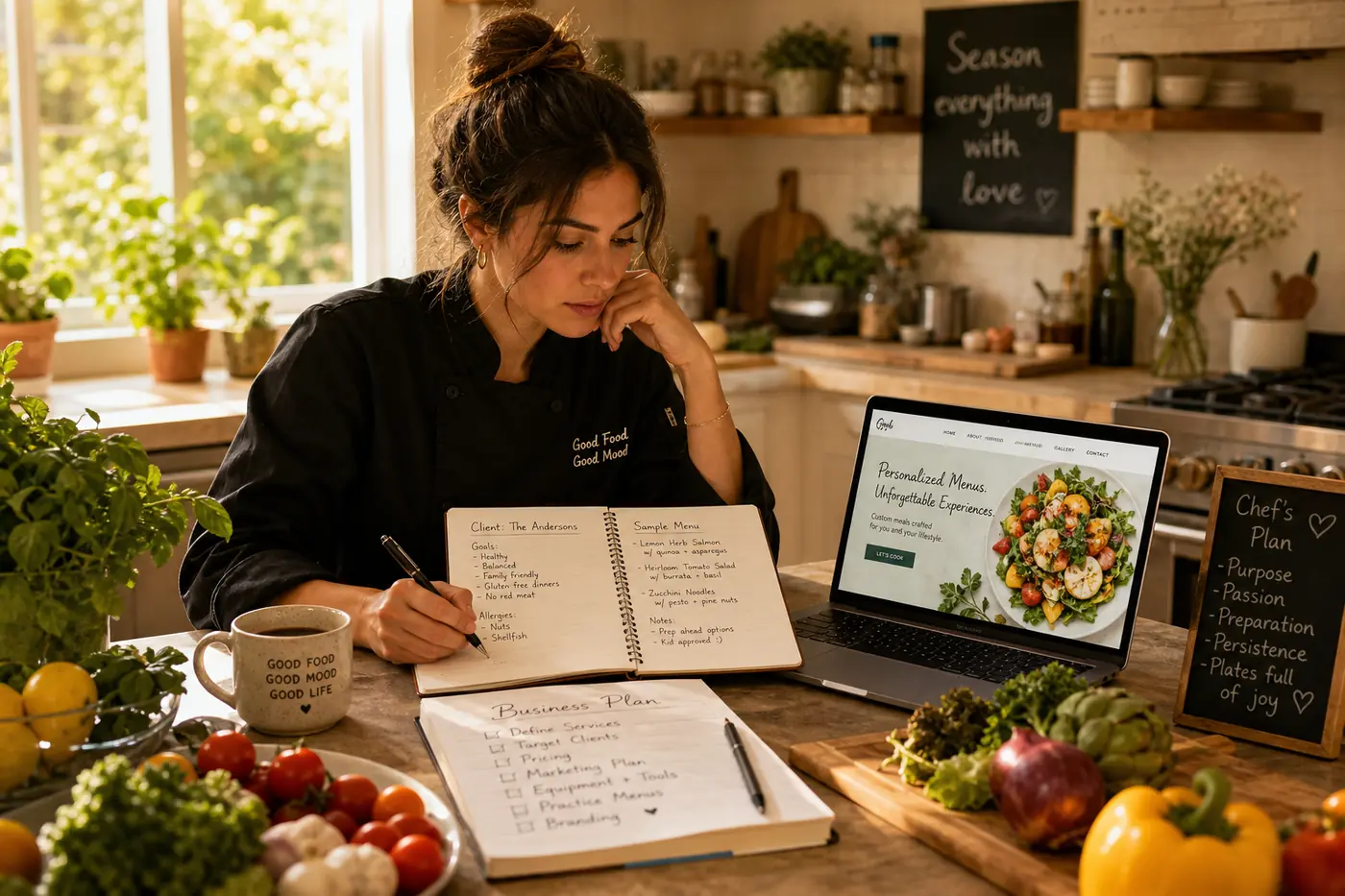 How to Start a Personal Chef Business from Home aspiring personal chef reviewing notes and a laptop beside a laptop in a warm home kitchen, planning their business