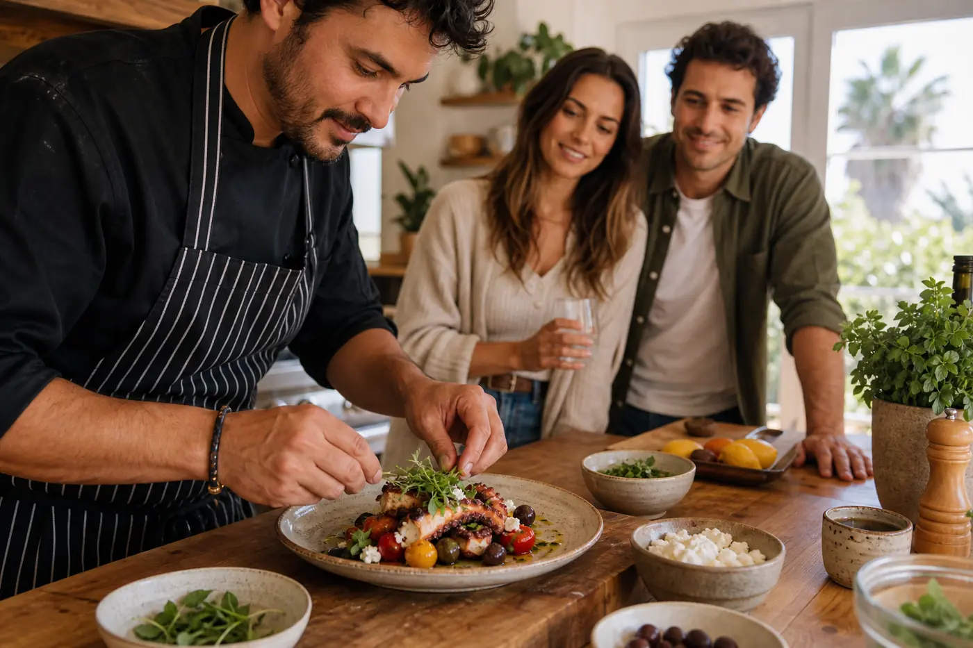 Private Chef vs Catering: Cost, Service & Which to Choose Private chef plating a Mediterranean dish in a sunlit Los Angeles kitchen while a couple watches warmly.