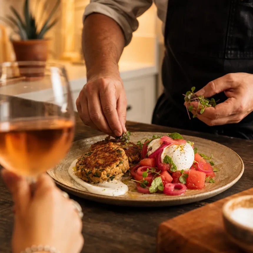 How to Plan a Bachelorette Dinner Party plating-moroccan-salmon-cakes