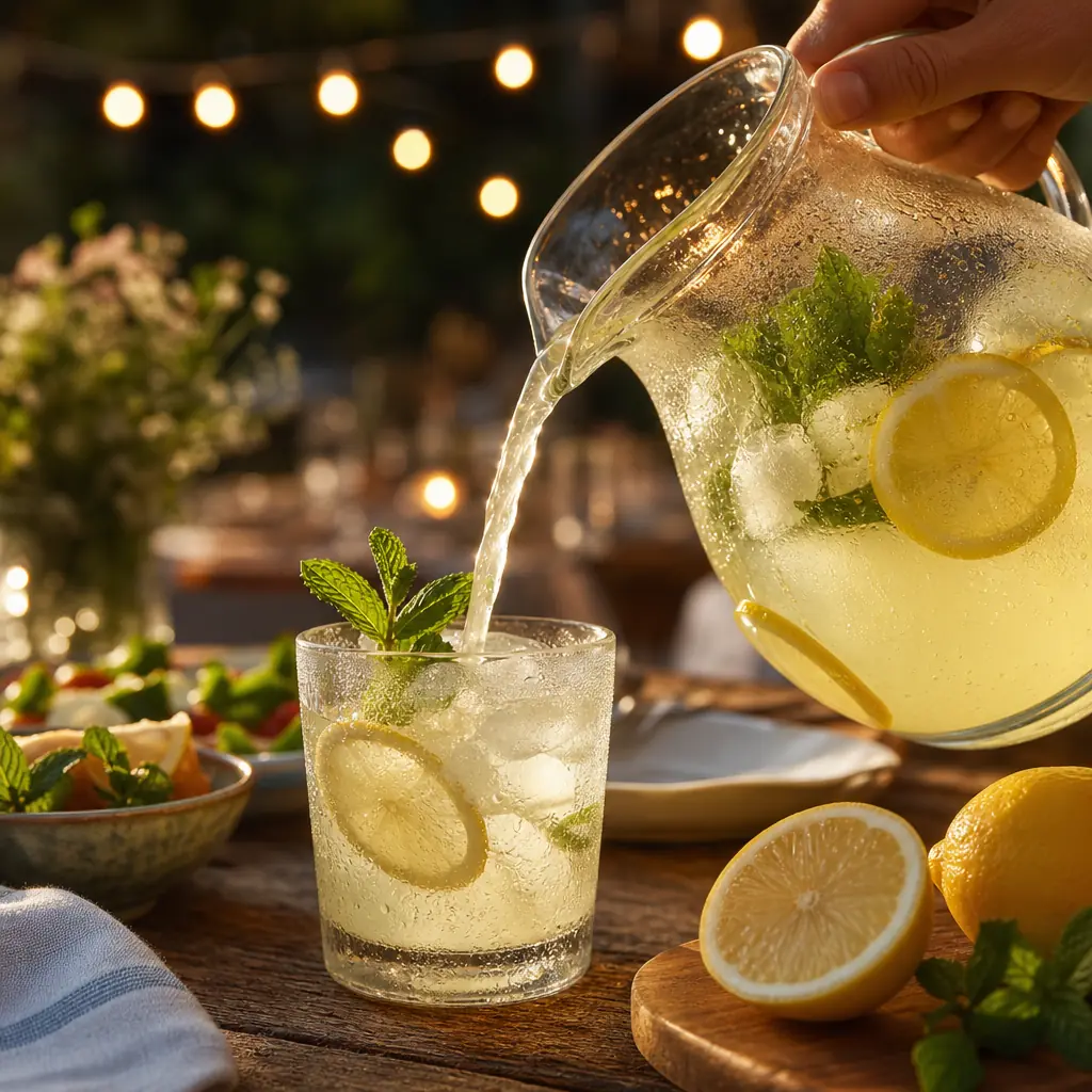 Labor Day Dinner Ideas: Stress-Free Planning & Menu Inspiration Close-up of a hand pouring homemade lemonade into an ice-filled glass with fresh mint on a rustic wooden outdoor table during golden hour.