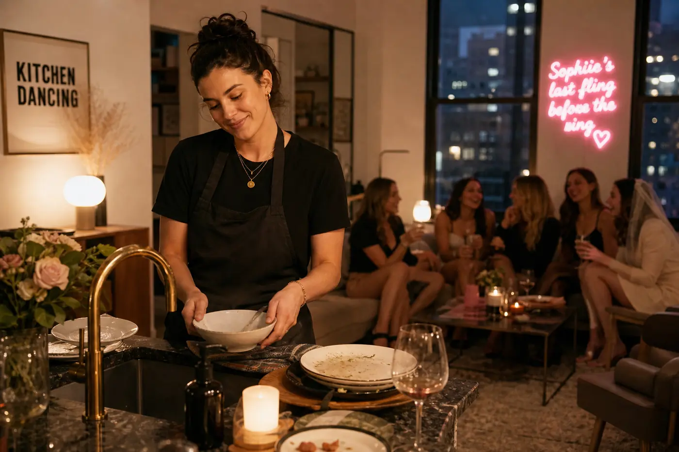 Private Chef vs Catering: Cost, Service & Which to Choose Private chef smiling while cleaning up after a bachelorette dinner in a cozy NYC loft, guests relaxed on sofa in background.