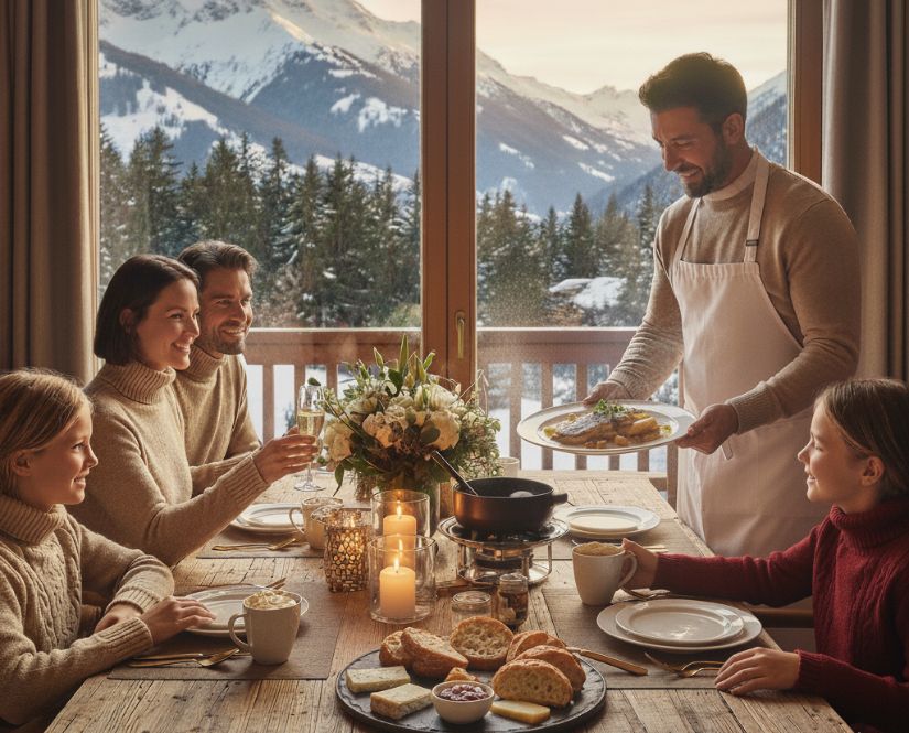 private chef cooking for a family in a ski trip
