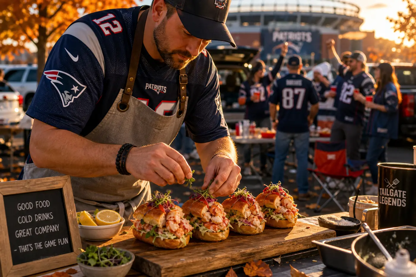 Tailgate Party Food Ideas: Easy, Crowd-Pleasing Recipes & Tips Private chef in casual apron plating gourmet seafood sliders at a tailgate party in a stadium parking lot during golden hour