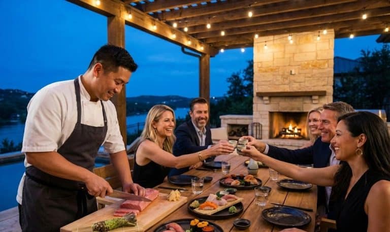 friend enjoying a dinner with a sushi private chef in austin, texas