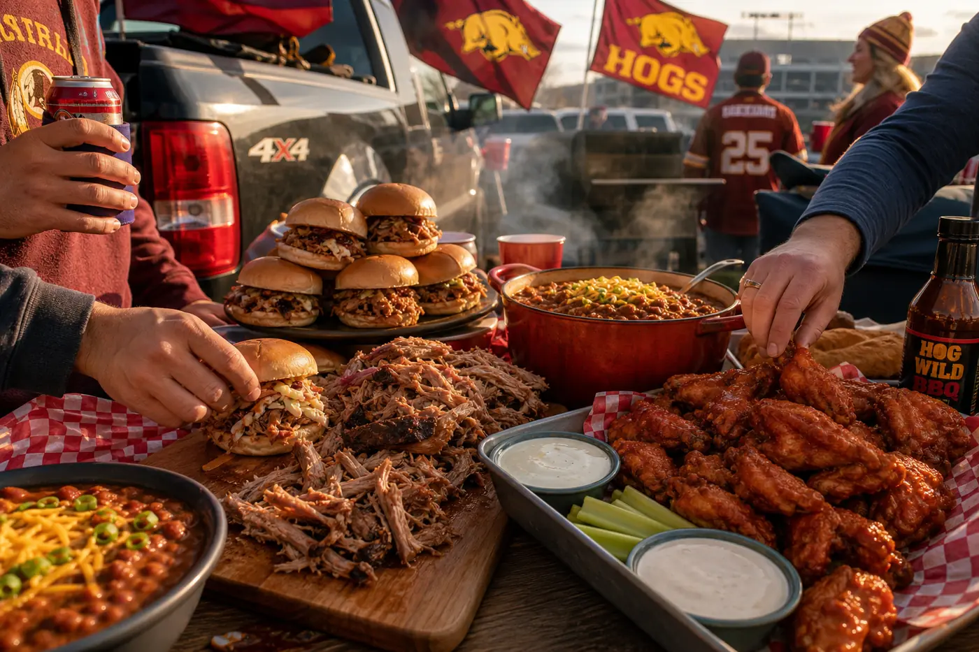 Tailgate Party Food Ideas: Easy, Crowd-Pleasing Recipes & Tips Close-up of a folding table at a tailgate with abundant pulled pork, sliders, chili, wings, and hands reaching for food, warm autumn light