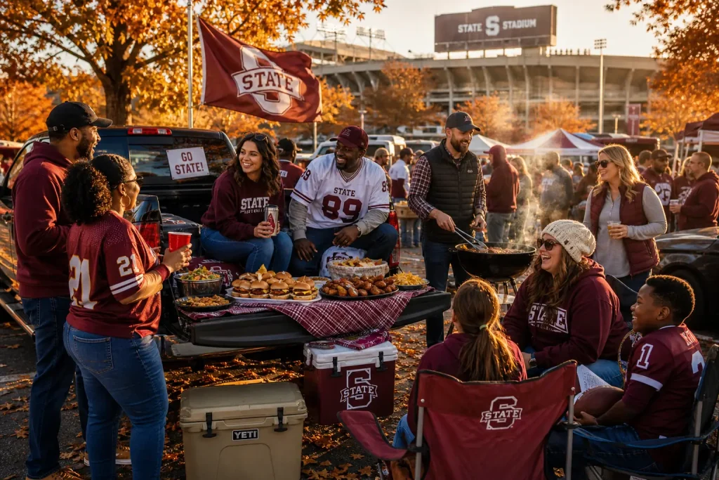 Diverse group of friends enjoying a tailgate party by a pickup truck in a stadium parking lot with abundant game-day food and golden autumn light