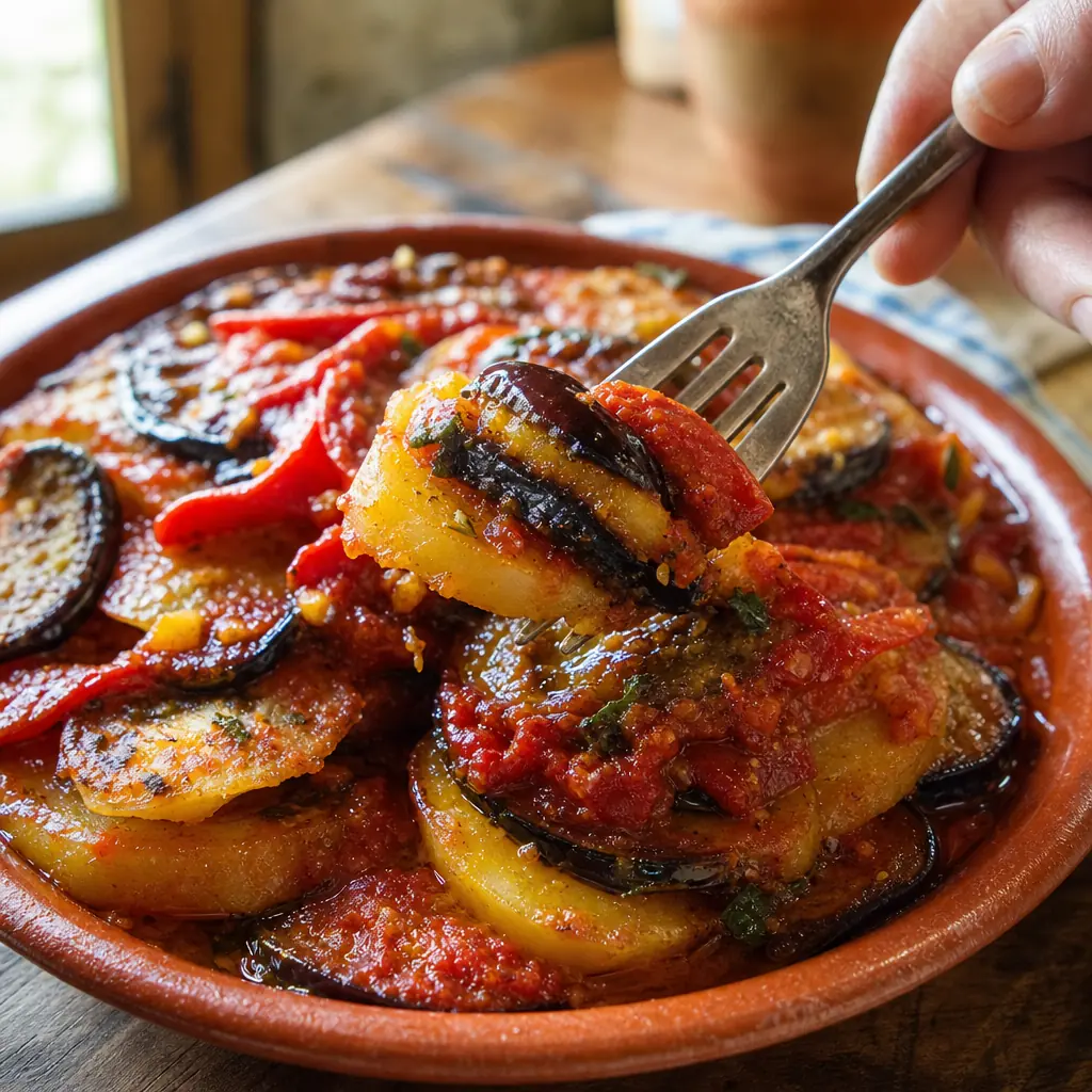Close-up of traditional Mallorcan tumbet on a terra cotta plate, with a fork lifting a bite, set on a rustic wooden table
