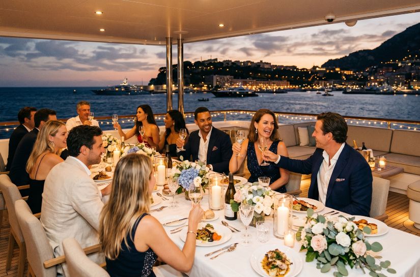 How to host a yacht dinner party that guests will never forget People enjoying a yacht dinner